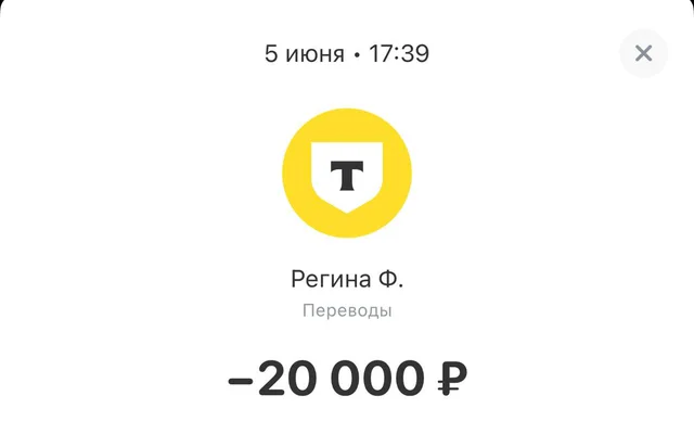 Перевод 20 000 ₽ партнёру Регине Ф., 5 июня